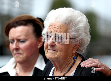 Rosemary Bird (right) sister of Joan Blaber, outside the Jury's Inn hotel in Brighton, following the inquest into the death of Joan Blaber, who died after drinking Flash floor cleaner at the hospital last year. Stock Photo