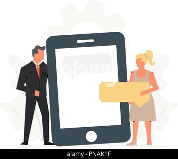 People hold a large phone. Concept of business meeting, virtual relationships, online dating, social networking and mobile chat. Stock Vector