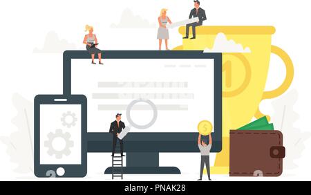 People are happy to big gold trophy, laptop and phone. Concept of earnings in internet network, online finance, electronic wallet, freelance work, financial success. Stock Vector