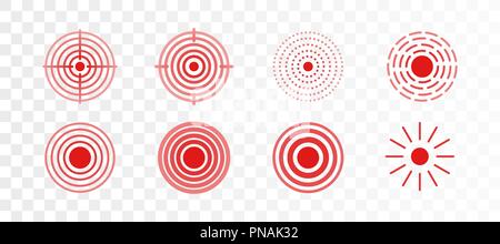 Vector set of red rings icon for medical design on transparent background. Pain circle to mark painful body parts. Stock Vector