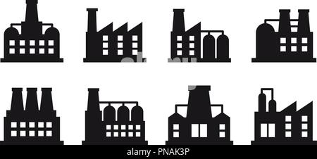 Vector set of industrial building and factory symbol and sign. Factories and power plants icon on white background Stock Vector
