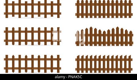 Vector set of different shapes rural wooden fences. Isolated detailed elements for garden illustration design Stock Vector