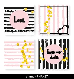Wedding glitter confetti on stripes, invitation set Stock Vector