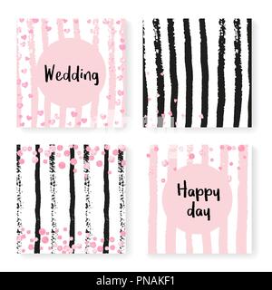 Wedding glitter confetti on stripes, invitation set Stock Vector