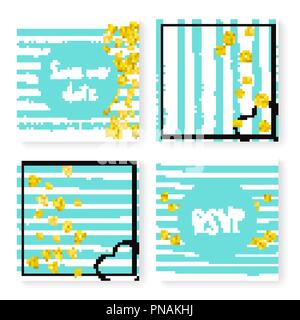 Wedding glitter confetti on stripes, invitation set Stock Vector