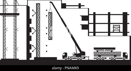 Mobile crane mounting scaffolding on new building - vector illustration Stock Vector