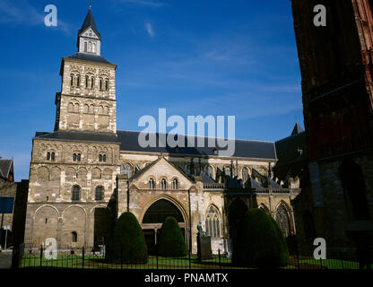 Netherlands. Maastricht. The Basilica of Saint Servatius. Westwork and South portal. The dedication of the church in 1039. It was built between a late Romanesque style and early Gothic. Stock Photo