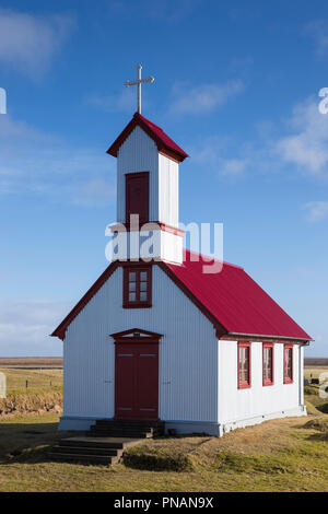 19th Century corrugated iron church with red roof Pykkvabaejarklauster at Alftaver, Myrdalssandur, South Iceland Stock Photo