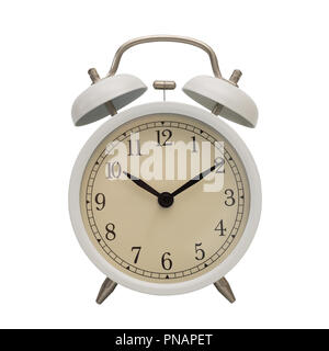 White Alarm clock isolated on white background with clipping path. Stock Photo