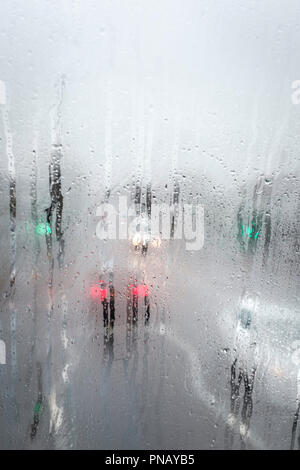 London,UK weather- on  double decker bus-heavy traffic trough steamy window