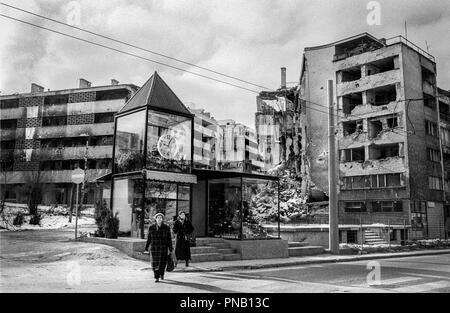 During the 1992-1995 war, Grbavica was occupied early by the Army of Republika Srpska and remained under Serb control throughout the siege. From the tall residential buildings, Serb snipers target the Sarajevo populace along Sniper Alley. The neighbourhood was heavily looted and destroyed. Stock Photo