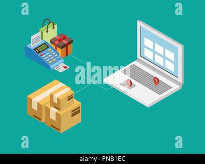 E-commerce, pay online and online shopping concept. Flat 3d isometric design Stock Vector