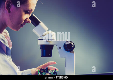 young woman computer technician testing a printed circuit board with a microscope Stock Photo