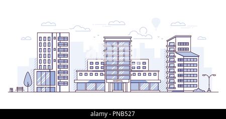 Cityscape with hospital - modern thin line design style vector illustration Stock Vector