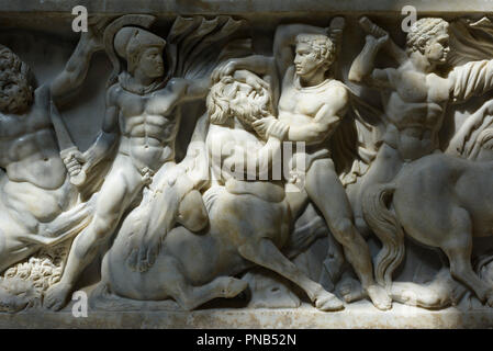 Rome. Italy. Sarcophagus with representation of Centauromachy (2nd century A.D), Museo Archeologico Ostiense, Ostia Antica. From the Procoio of Pianab Stock Photo
