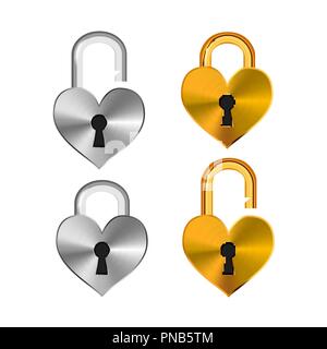 Open and closed realistic padlocks in heart shape made from different metals on white Stock Vector