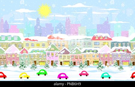 Winter city landscape, seamless. City street in winter. The houses are covered with snow. Snow on a city street. Snow-covered city. Stock Vector