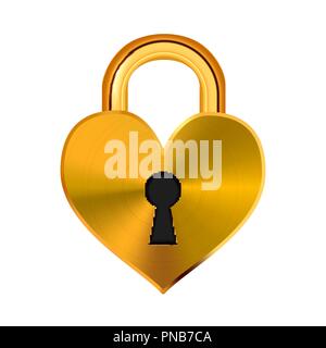 Closed realistic golden padlock in heart shape on white Stock Vector