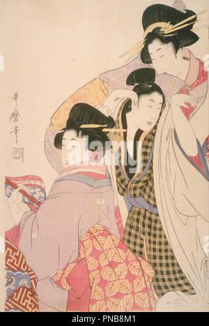 Two Geishas and a Tipsy Client. Date/Period: Ca. 1805; Edo Period (1615-1868). Print. Color woodcut Color woodcut. Height: 387.60 mm (15.25 in); Width: 260.60 mm (10.25 in). Author: Kitagawa Utamaro I. Stock Photo