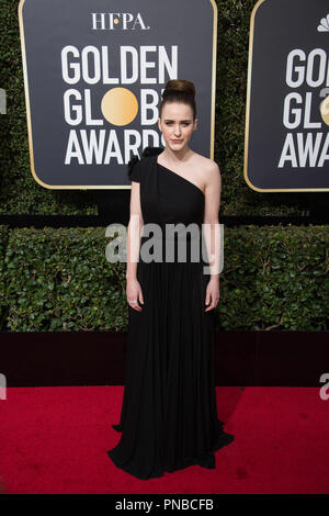 Nominated for BEST PERFORMANCE BY AN ACTRESS IN A TELEVISION SERIES – COMEDY OR MUSICAL for her role in 'The Marvelous Mrs. Maisel,' actress Rachel Brosnahan arrives at the 75th Annual Golden Globe Awards at the Beverly Hilton in Beverly Hills, CA on Sunday, January 7, 2018. Stock Photo