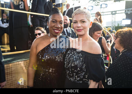 Nominated for BEST PERFORMANCE BY AN ACTRESS IN A MOTION PICTURE – DRAMA for her role in 'All the Money in the World,' actress Michelle Williams poses with Tarana Burke at the 75th Annual Golden Globe Awards at the Beverly Hilton in Beverly Hills, CA on Sunday, January 7, 2018. Stock Photo