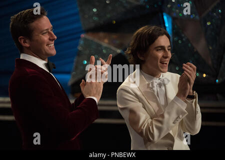 Timothée Chalamet and Armie Hammer walking on the red carpet during the  90th Academy Awards ceremony, presented by the Academy of Motion Picture  Arts and Sciences, held at the Dolby Theatre in