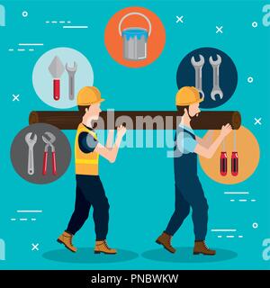builders characters with construction equipment Stock Vector
