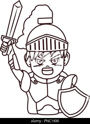 Warrior with sword videogame cartoon in black and white Stock Vector