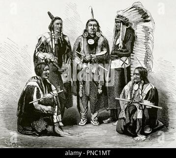 Estados Unidos. Guerras Indias. Principales jefes de los indios Sioux, vencedores del General George Armstrong Custer. De izquierda a derecha: Red Fox (Zorro Colorado), Bearskin (Cuero de Oso), Red Dog (Perro Rojo), Rocky Bear (Oso Duro) y Living Bear (Oso Vivo). Grabado. La Ilustración Española y Americana. 8 de septiembre de 1876. Biblioteca Histórico Militar de Barcelona. Cataluña, España. Stock Photo