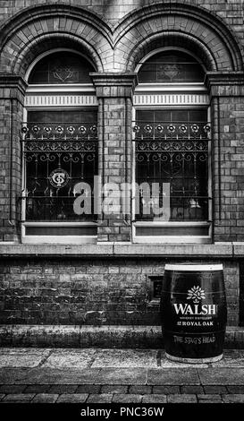 Dublin, Ireland, March 2018, wooden beer barrel in Dame Lane advertising The Stag's Head pub Stock Photo