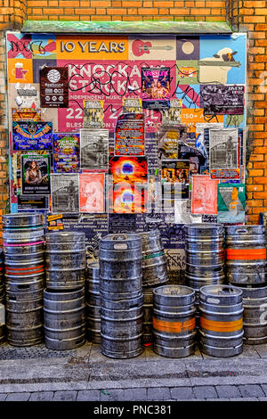 Dublin, Ireland, March 2018, empty beer barrels in Dame Lane after St Patrick's Day Stock Photo