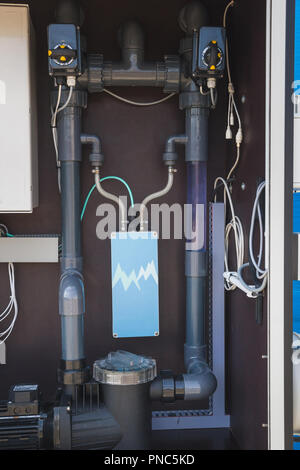 Pump complex's switch box with valves, wires, switches Stock Photo