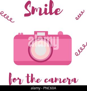 Vector illustration. The old-fashioned color camera. Flat style. The inscription smile for the camera on a white background Stock Vector