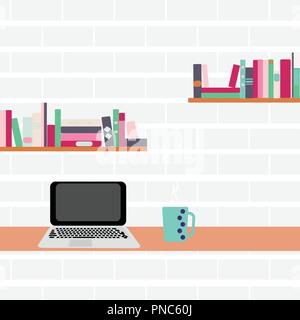 Vector illustration. Workplace. Computer and bookshelves on a brick wall Stock Vector