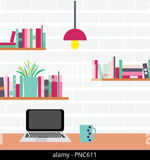 Vector illustration. Workplace. Computer and bookshelves on a brick wall Stock Vector