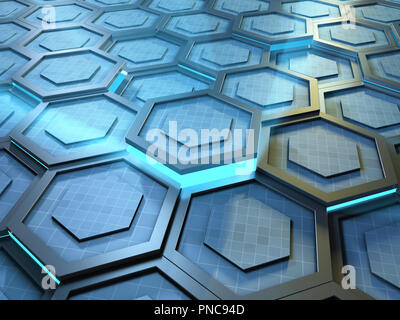 High technology background with tiled hexagon shapes making up a moving surface. 3D illustration. Stock Photo