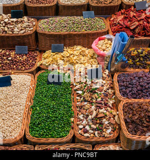 Dried fruits and nuts at market in Barcelona, Spain Stock Photo
