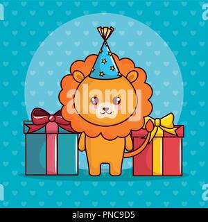 happy birthday card with cute lion Stock Vector