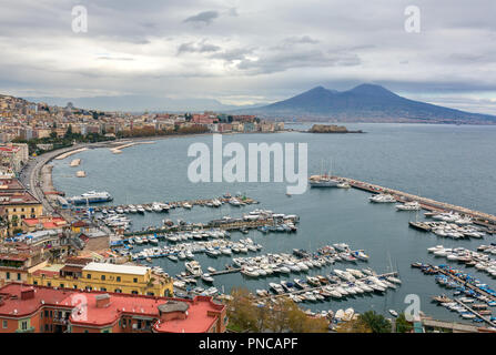 Panorama of Naples, view of the port in the Gulf of Naples and Mount Vesuvius. The province of Campania. Italy. Cloudy day Stock Photo