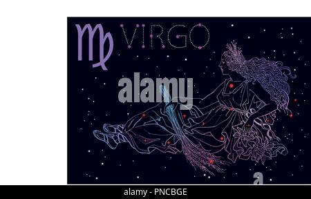 Virgo zodiac sign and constellation. Woman holding wheat ears, the goddess of nature, harvest and femininity. Cosmic background, stars. Horoscope, astrology, mythology. Vintage engraving tattoo style. Stock Vector