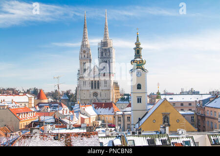 Panoramic view of cathedral in Zagreb, Croatia, from Upper town, winter, snow on roofs Stock Photo