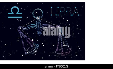 Libra zodiac sign and constellation. Scales on a cosmic dark blue background with stars. Symbol of balance, truth and justice. Horoscope astrology, Greek mythology. Vintage engraving tattoo style.