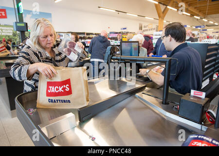 Picture dated September 20th shows the first shoppers in a busy Jack's store in Chatteris Cambs,which opened to the public today.Jack's is the discount supermarket store by Tesco.  Tesco's first discount store Jack's in Cambridgeshire was packed with shoppers this morning (Thurs) - with some queuing from 3am.  The Chatteris store enjoyed a successful first morning with hundreds pouring through the doors when it opened to the public at 10am.  Shoppers, some of whom had been queuing for several hours, were greeted with champagne, bacon sandwiches and cupcakes.