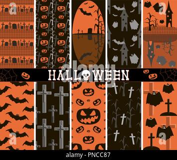 Seamless spooky Halloween patterns set. Cemeteries, graves, crosses, evil pumpkins, bats, creepy trees, towers, flying ghosts. Black, white, orange Stock Vector