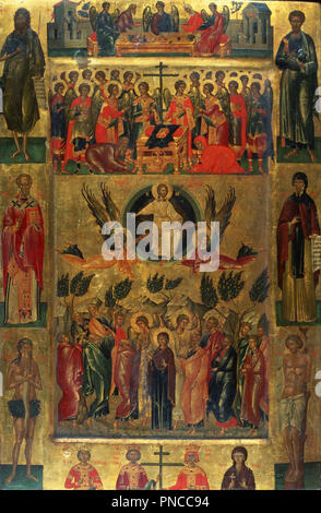 Icon: Ascension of Christ with the Hetoimasia. Painting. Tempera on panel. Height: 710 mm (27.95 in); Width: 475 mm (18.70 in). Author: Andreas Ritzos. Ritzos, Andreas. Stock Photo