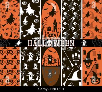 Seamless spooky Halloween patterns set. Witches on broomsticks, evil pumpkins, demonic trees, bloody axes, witch hats, bats, spiders, candles, skulls Stock Vector