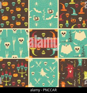 Seamless Halloween party patterns. Evil pumpkins, skulls as cocktail, witches, demonic trees, candelabrums, candles, cemeteries, ghosts, bats, spiders Stock Vector