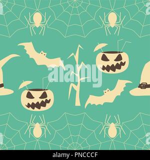 Halloween party seamless pattern. Evil pumpkins with drinking straws and cocktail umbrellas inside, bats, witch hats and spiders on the web Stock Vector