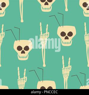 Hell party seamless pattern. Human skulls as goblets with drinking straws and skeleton hand in rock 'n' roll gesture. Halloween design print Stock Vector