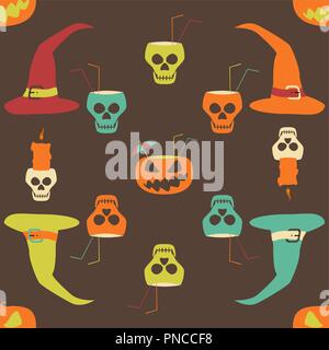 Halloween party seamless pattern. Evil pumpkins with drinking straws and cocktail umbrellas, human skulls as goblets and candlesticks, witch hats Stock Vector
